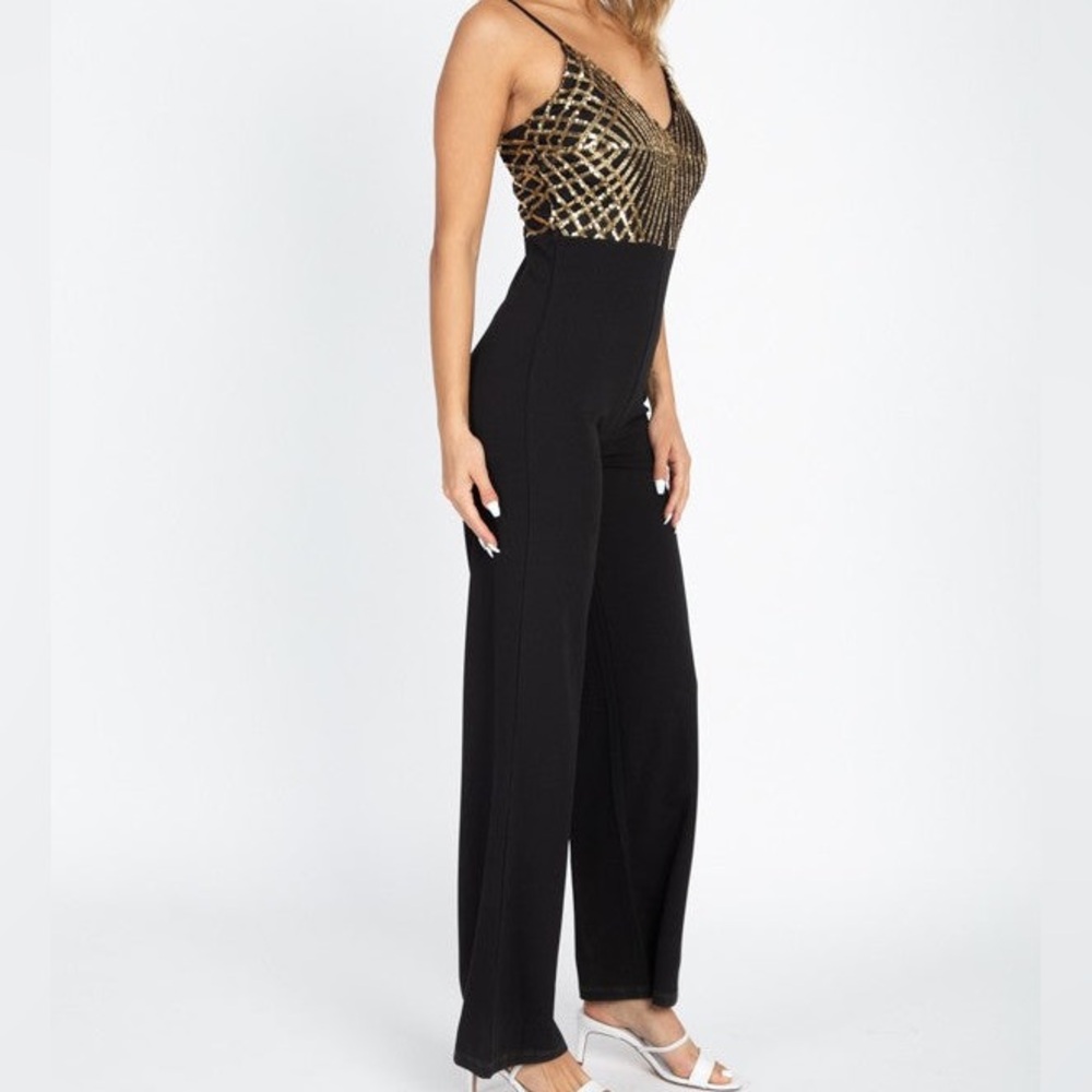 Half sequin cami / pants jumpsuit perfect for a modest New Year’s party